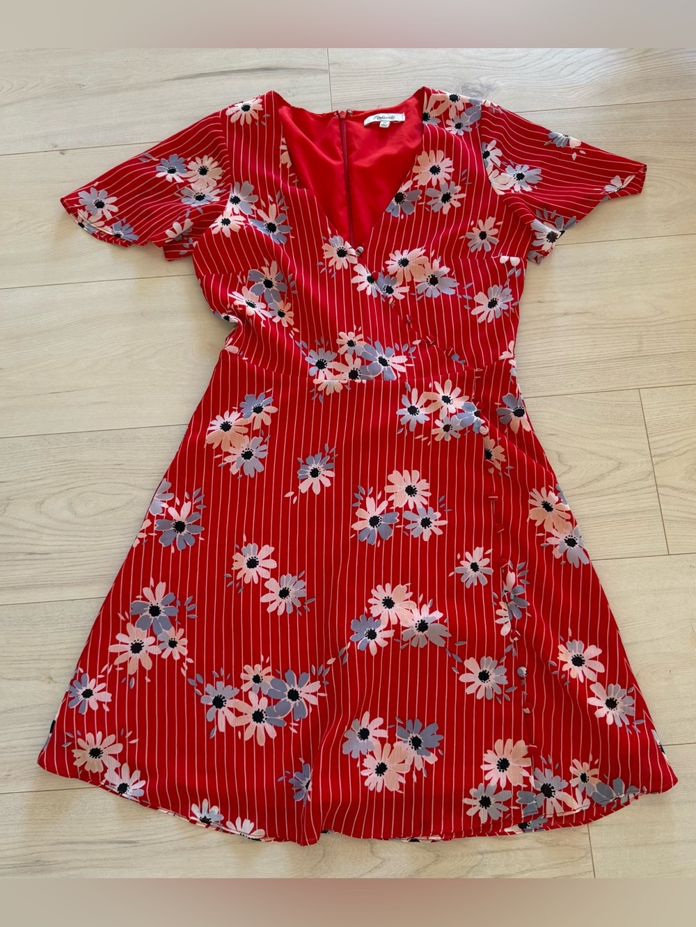 Madewell Red Floral V-Neck Mini Dress